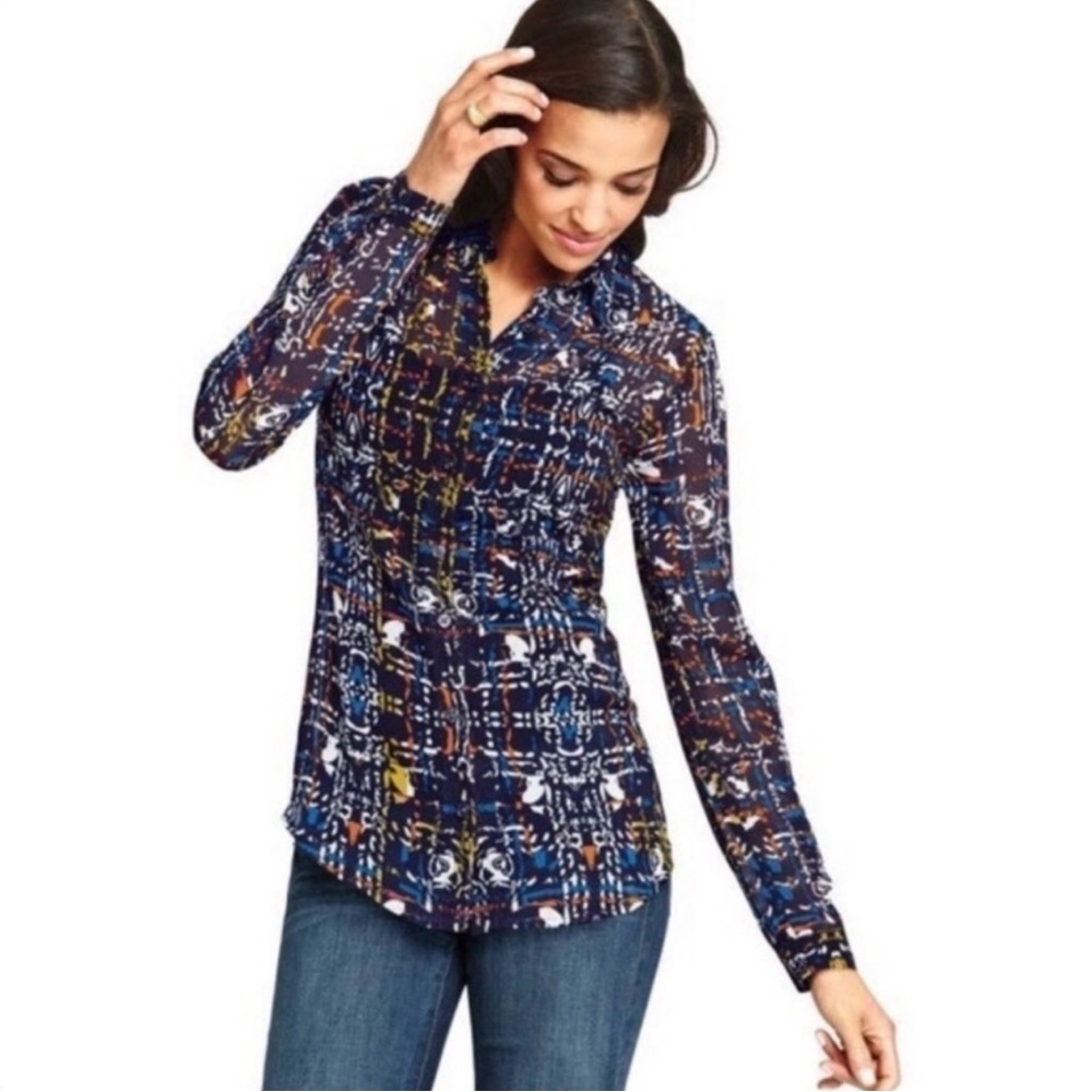 CAbi #129 Festival Blouse Shirt Top Semi Sheer Button Down Gray Geo Geometric